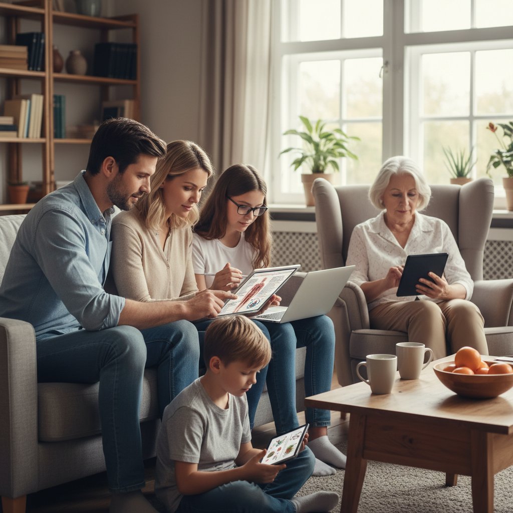 Rodzina czytająca artykuły medyczne online w domowym zaciszu
