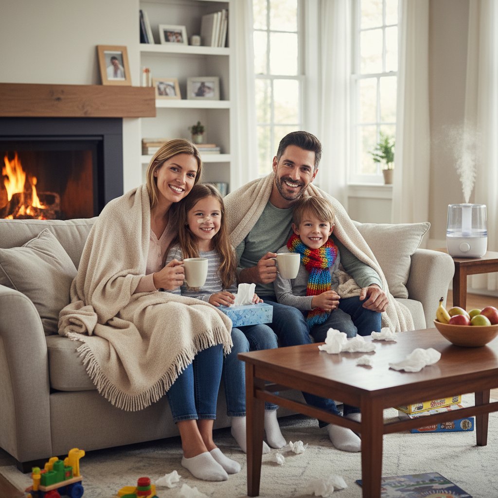 Rodzina śmiejąca się podczas powrotu do zdrowia w salonie, symbol powrotu do formy po przeziębieniu