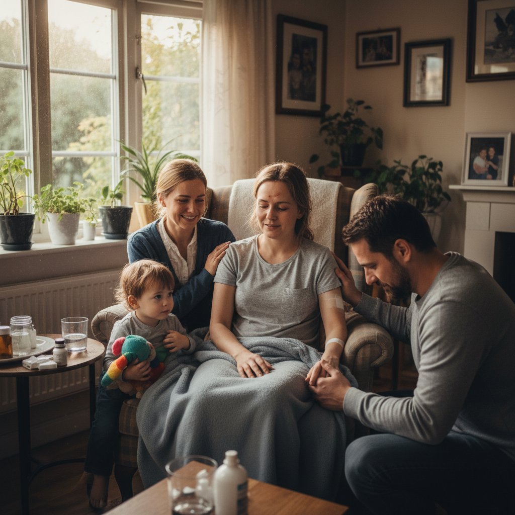 Rodzina wspierająca pacjenta po operacji CABG w domu, emocje, naturalne światło