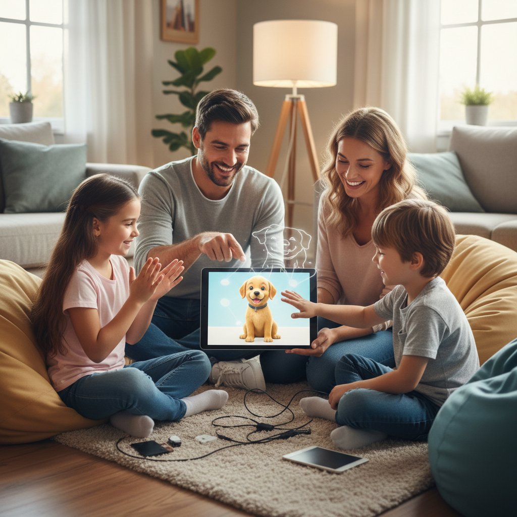 Rodzina konfiguruje wirtualnego psa na tablecie w salonie