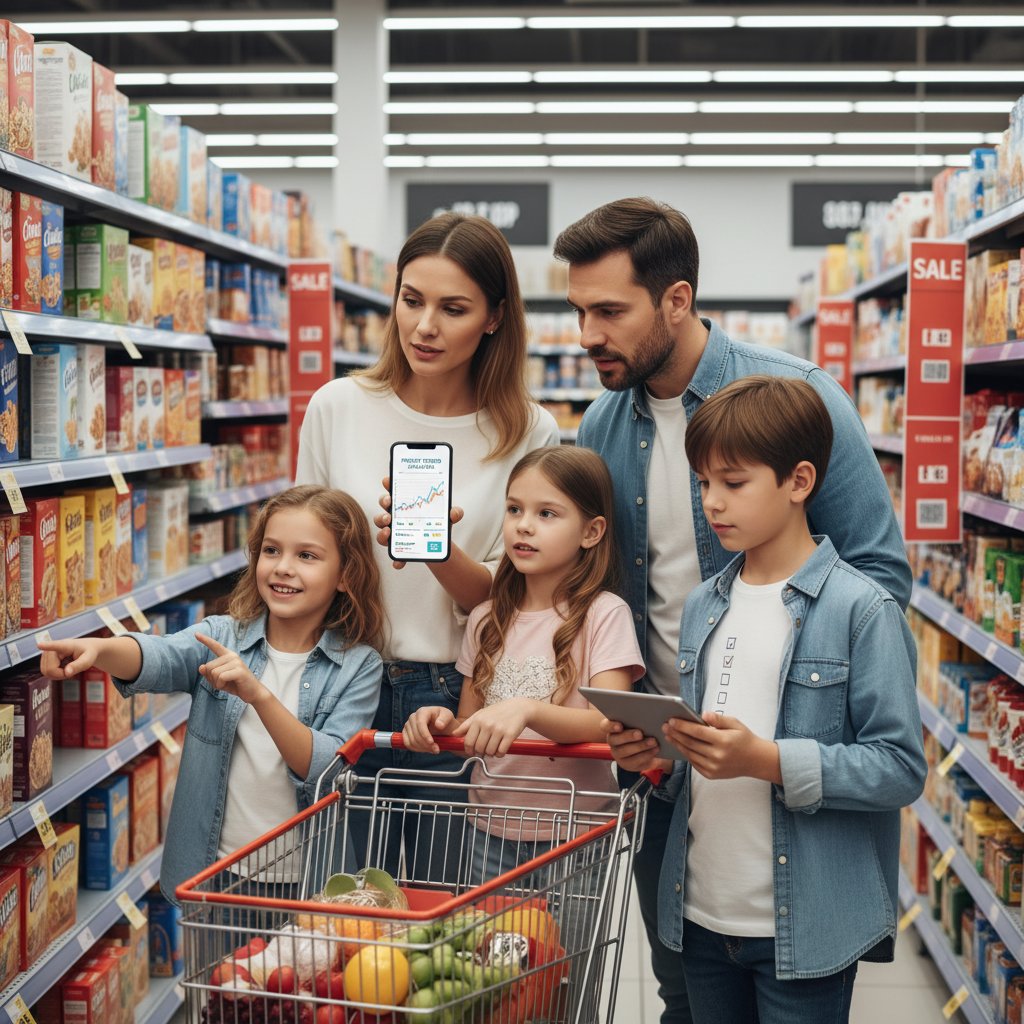 Rodzina analizuje ceny produktów w sklepie korzystając z aplikacji mobilnej do śledzenia trendów