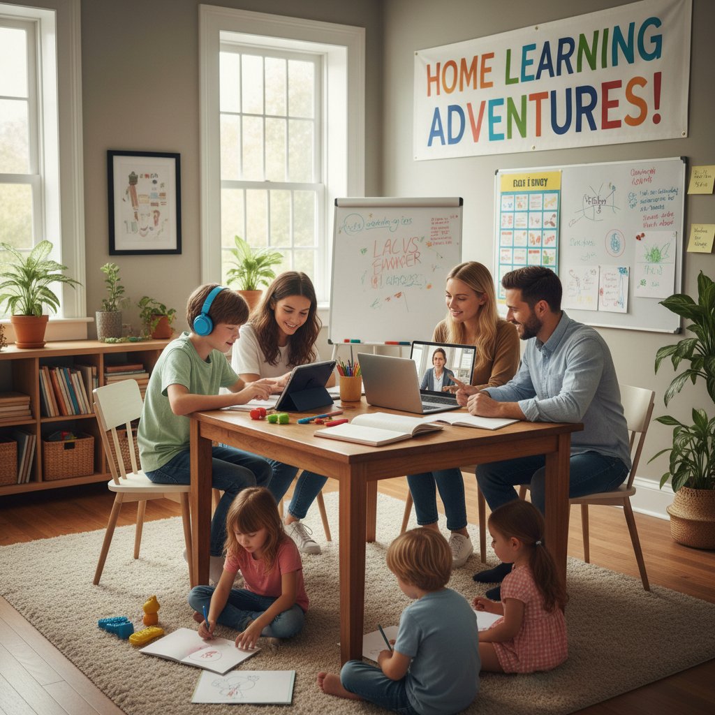 Rodzina pracująca razem przy stole, rodzeństwo i rodzic wspierający dziecko z autyzmem