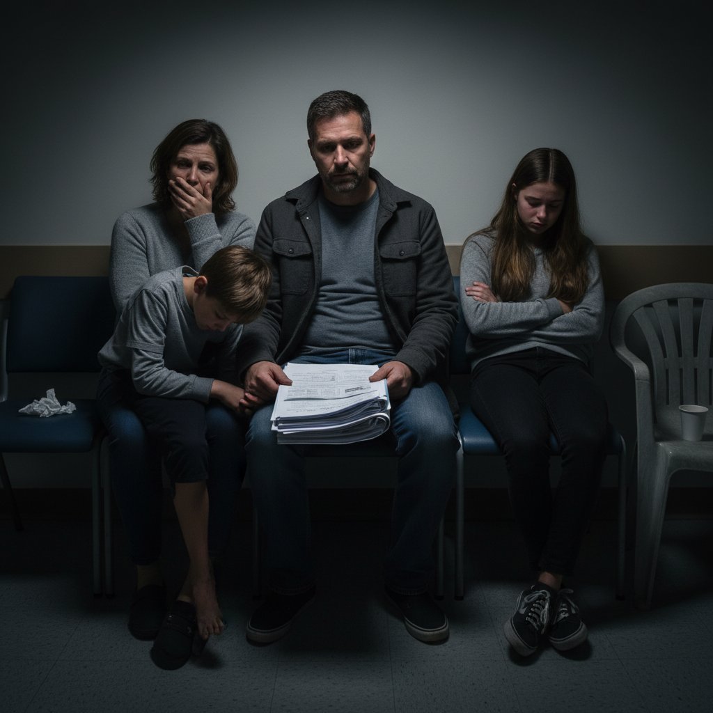 Rodzina siedząca w milczeniu, przygaszona atmosfera, dokumenty medyczne na stole