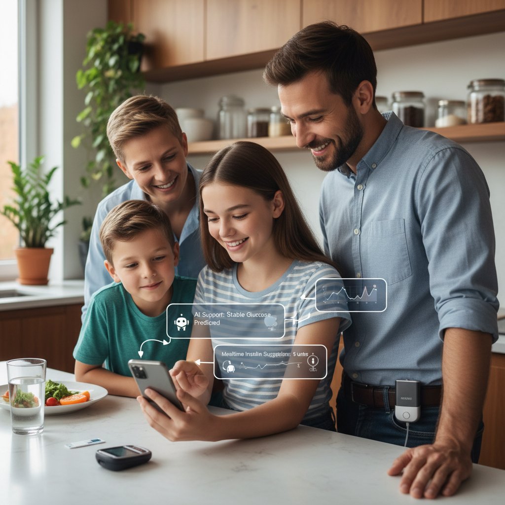 Rodzina analizująca dane glikemii na smartfonie, wsparcie AI