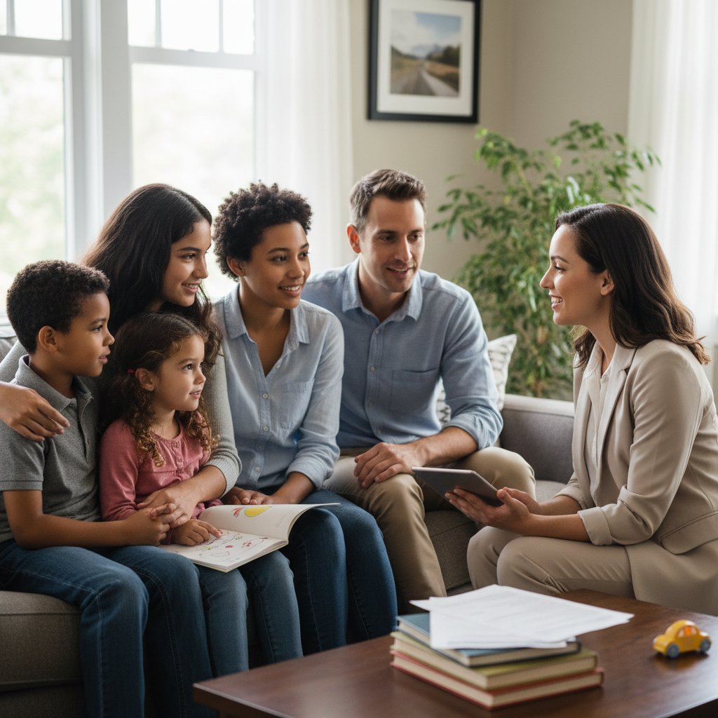 Zdjęcie przedstawiające rodzinę podczas konsultacji z pracownikiem socjalnym, symbolizujące wsparcie społeczne