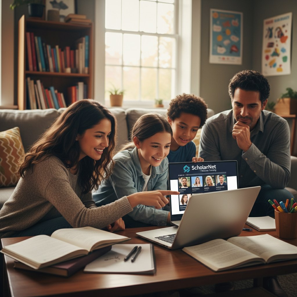 Rodzina analizuje oferty korepetycji online na laptopie, wybór tanich lekcji