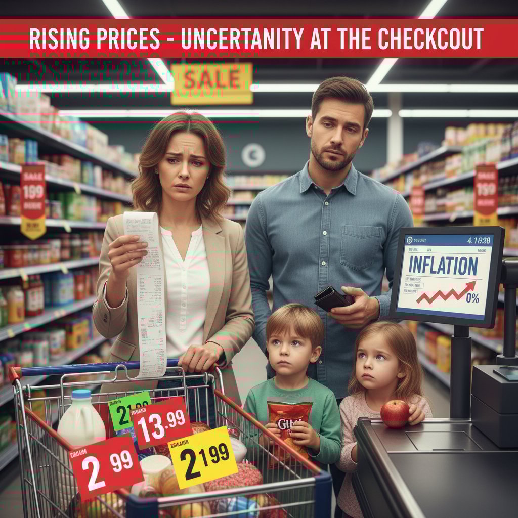 Family reacting with concern to rising grocery prices at the supermarket checkout, price trends, and cost of living in 2025