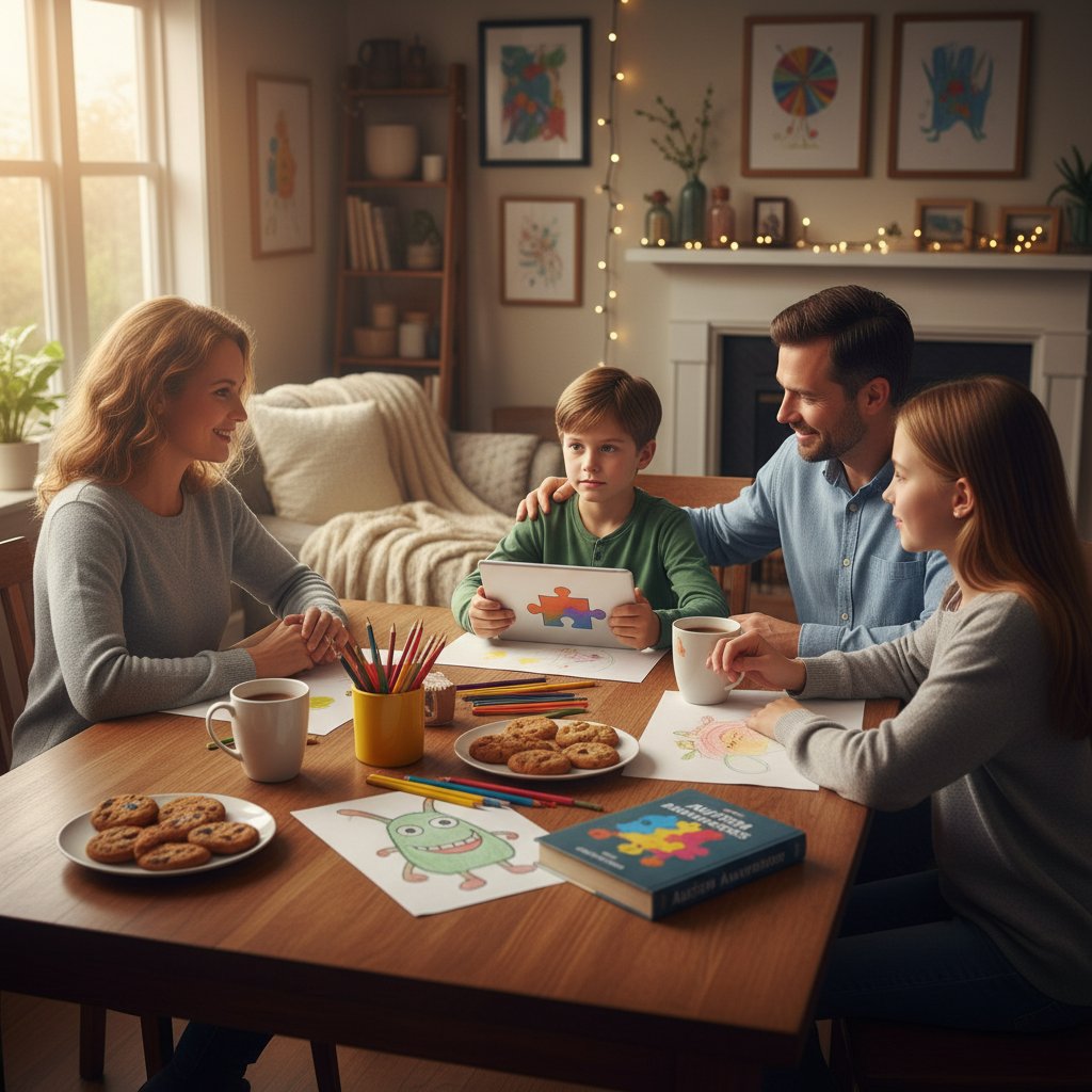 Rodzina przy stole, wspierająca dziecko ze spektrum, ciepła atmosfera, widoczne elementy edukacyjne