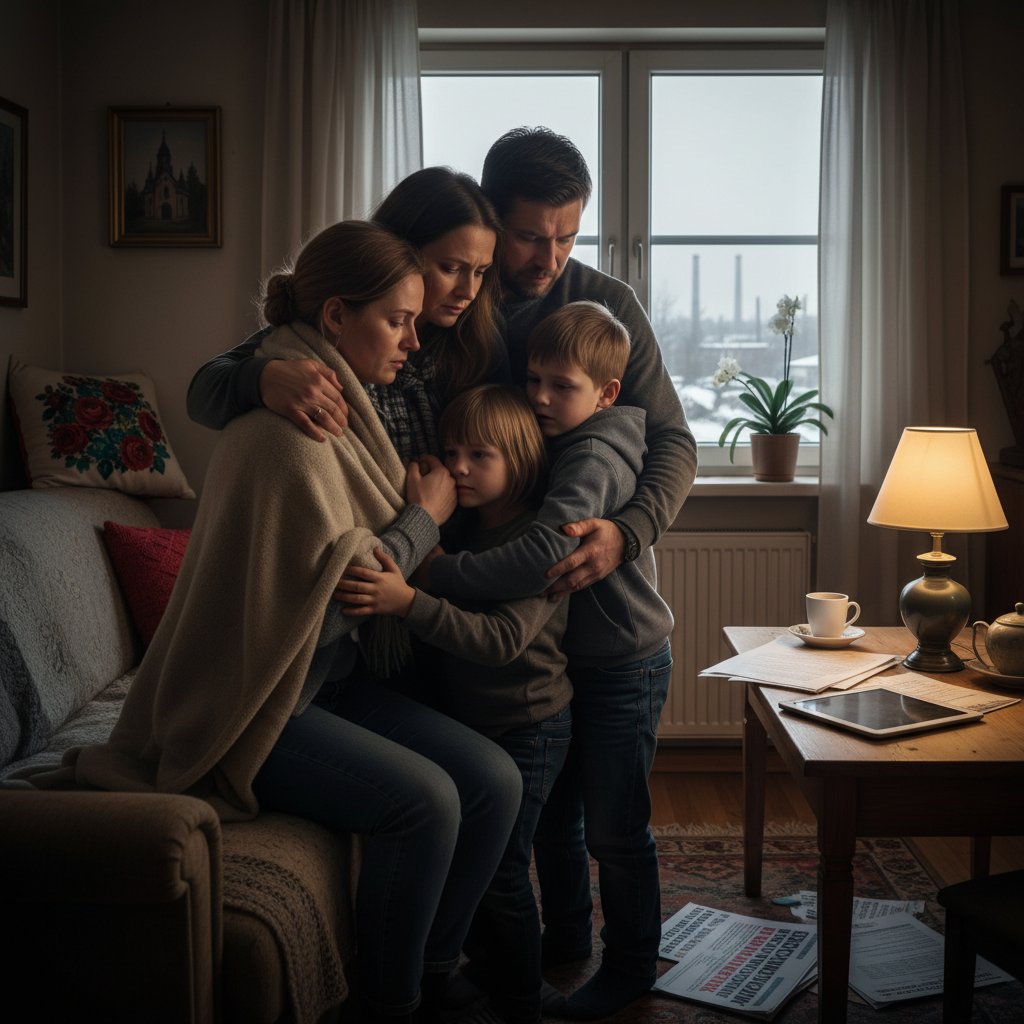Rodzina wspierająca się podczas kryzysu zdrowotnego, domowa scena, emocjonalna atmosfera