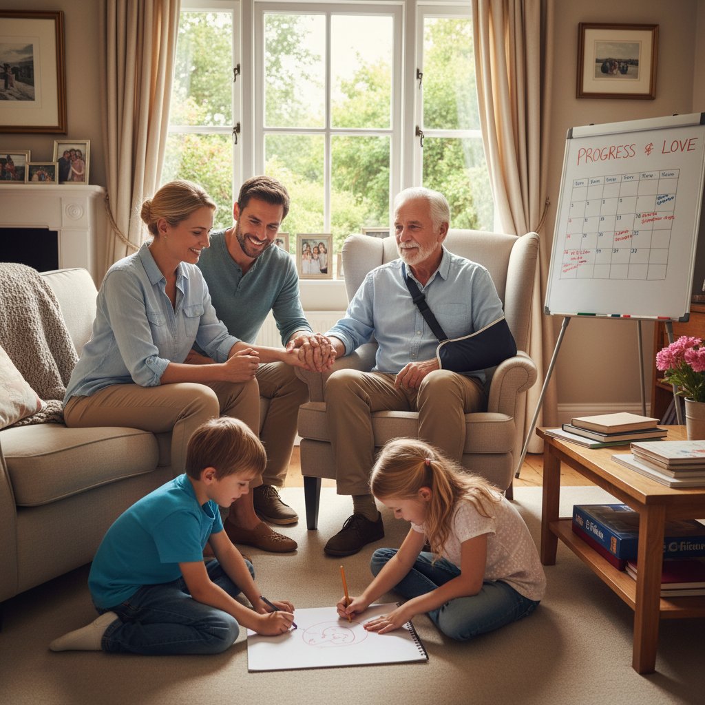 Rodzina wspierająca się nawzajem w domu, szczęśliwe chwile po trudnych doświadczeniach zdrowotnych