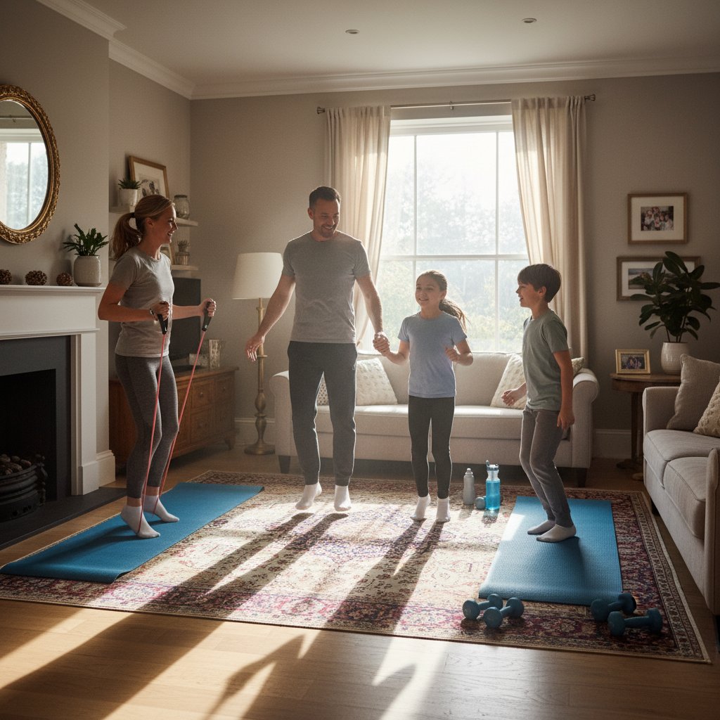 Rodzina wspierająca osobę ćwiczącą w domu, domowa atmosfera