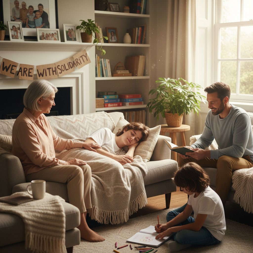 Rodzina wspierająca osobę z narkolepsją w domowym salonie – obraz relacji i wykluczenia