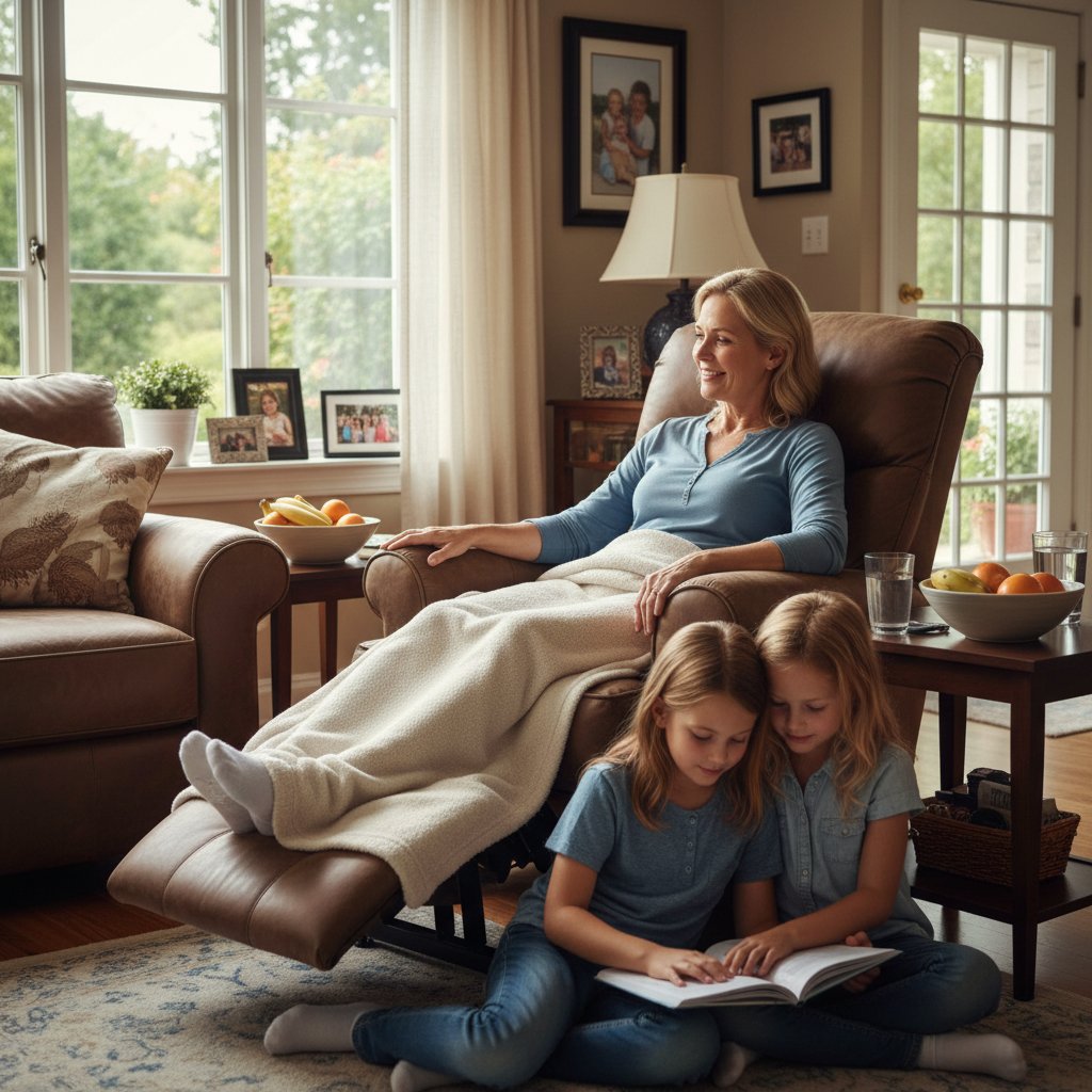 Rodzina wspiera pacjenta w domu po zabiegu, wyraz troski i bliskości