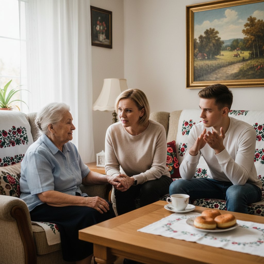 Rodzina w salonie podczas szczerej rozmowy – wsparcie, psychoterapia dla seniorów, pokonywanie tabu
