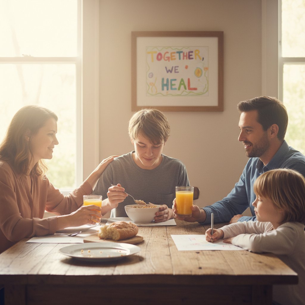 Rodzina wspierająca młodą osobę — wsparcie w kryzysie prowokowania wymiotów