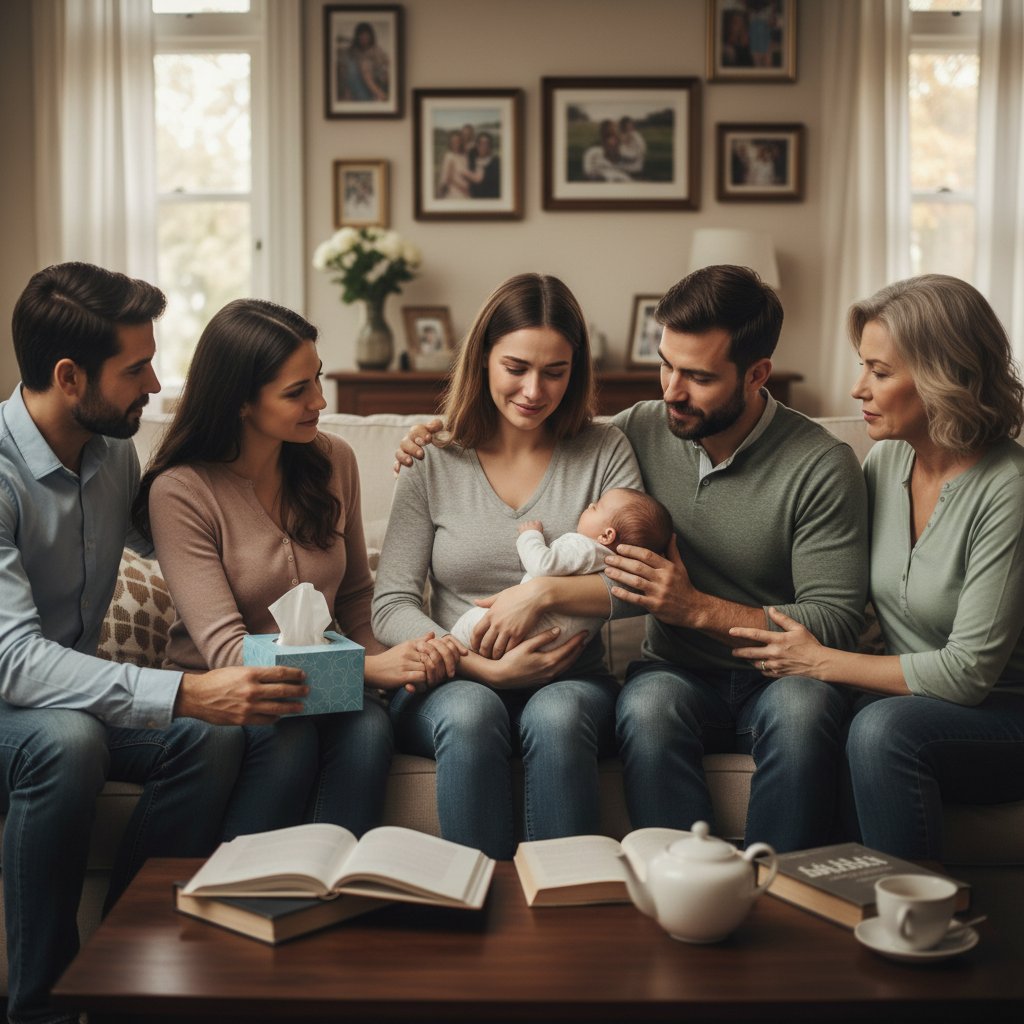 Grupa ludzi wspierających młodą matkę – symbol wsparcia w wychodzeniu z psychozy poporodowej