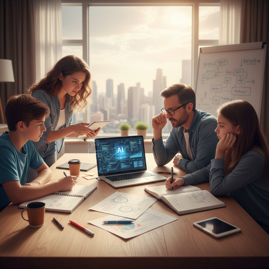 Zdjęcie rodziny przy stole, wspólnie analizującej informacje na laptopie – symbol codziennego krytycznego podejścia do AI
