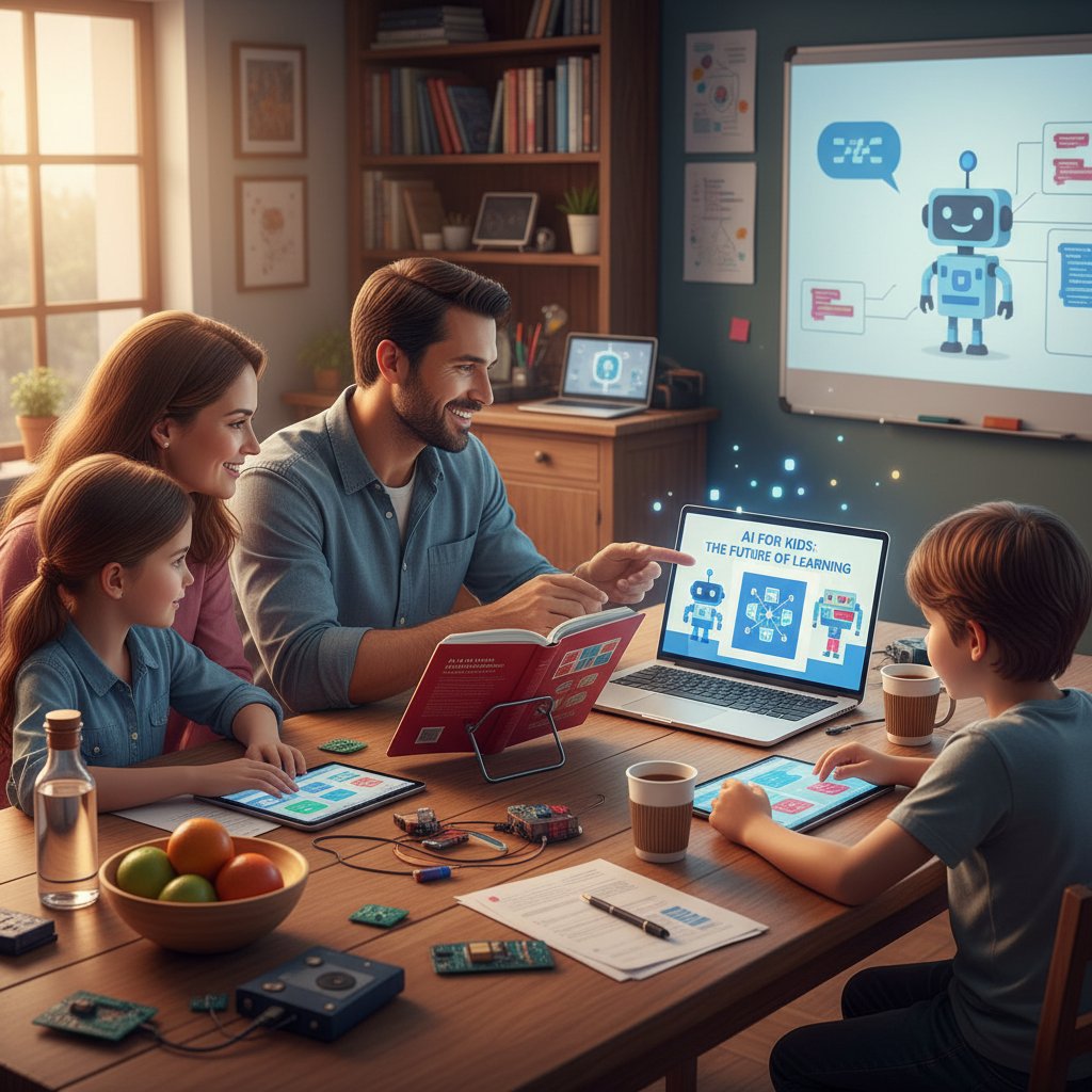 Rodzina przy stole, dziecko z książką, rodzic z laptopem, AI pomaga w nauce