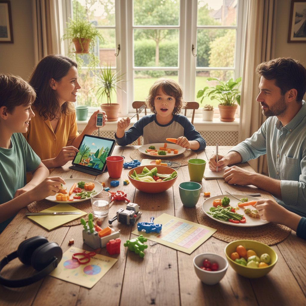 Rodzina przy stole – dziecko z ADHD, rodzic wspierający, dynamiczna atmosfera emocjonalna