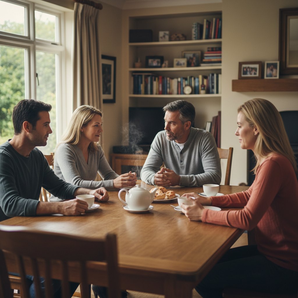 Rodzina siedząca razem przy stole, rozmawiająca w atmosferze zaufania – ilustracja wsparcia domowego w leczeniu autoagresji