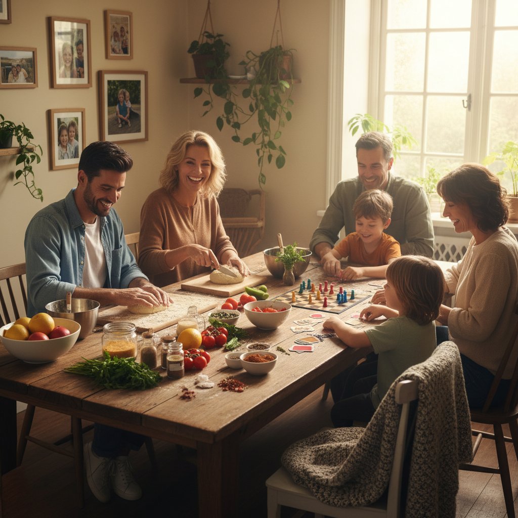 Rodzina razem przy stole, wspólnie gotująca lub grająca w gry planszowe, radosna atmosfera, relaks