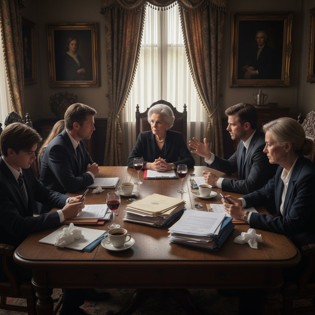 Rodzina rozmawiająca przy stole o dziedziczeniu, atmosfera napięcia i negocjacji