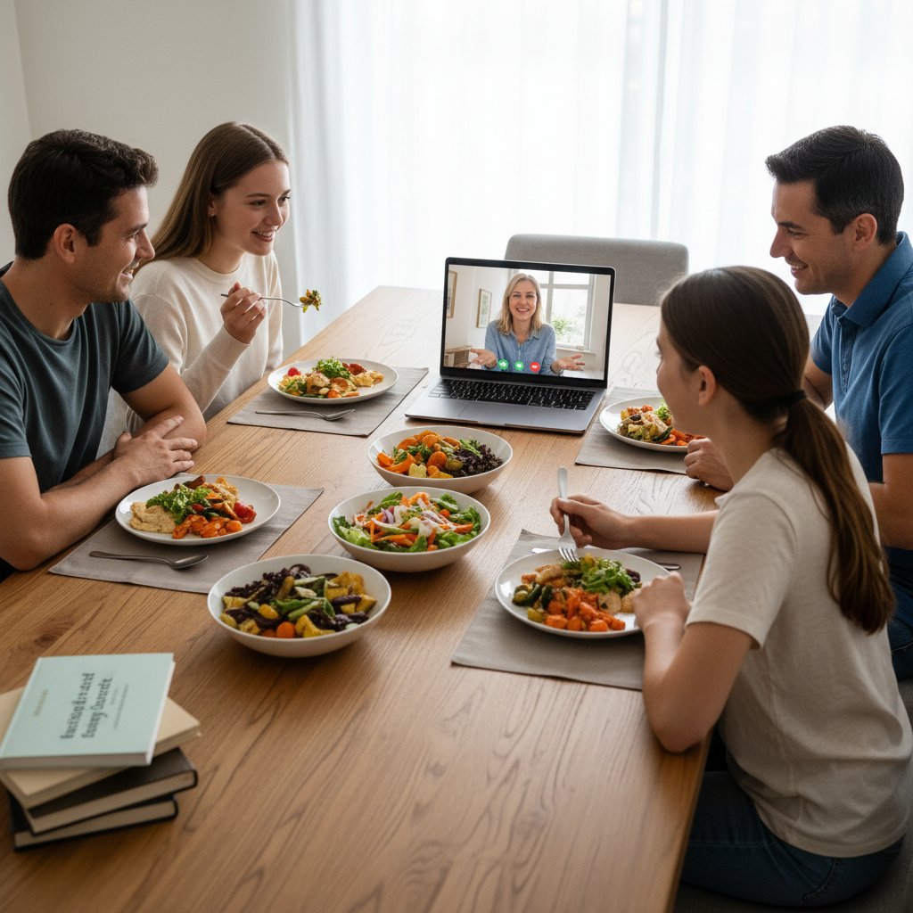 Rodzina siedząca razem przy stole, laptop z otwartą aplikacją do terapii – wsparcie hybrydowe w praktyce