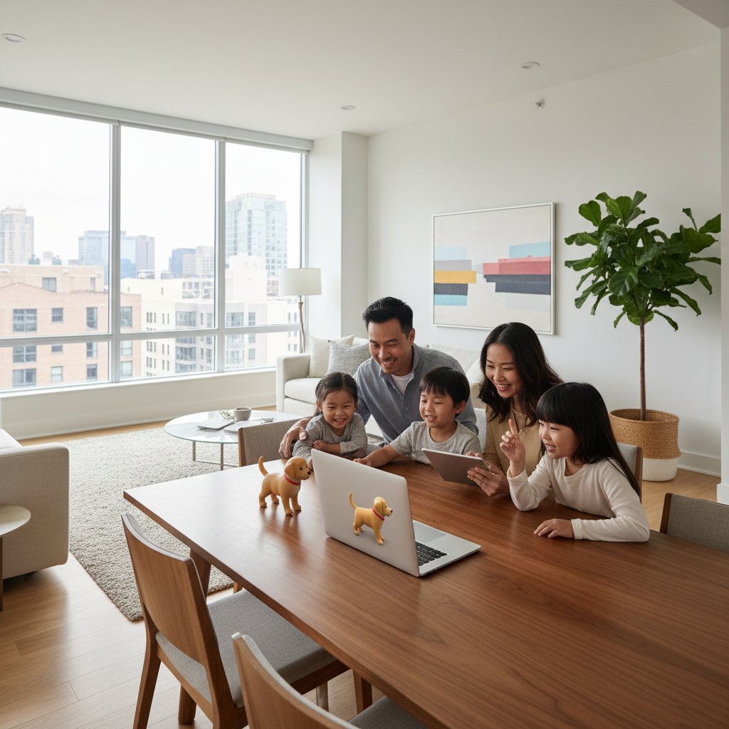 Rodzina siedzi przy stole z dziećmi, obok laptop z wirtualnym pieskiem, nowoczesne wnętrze, uśmiechy