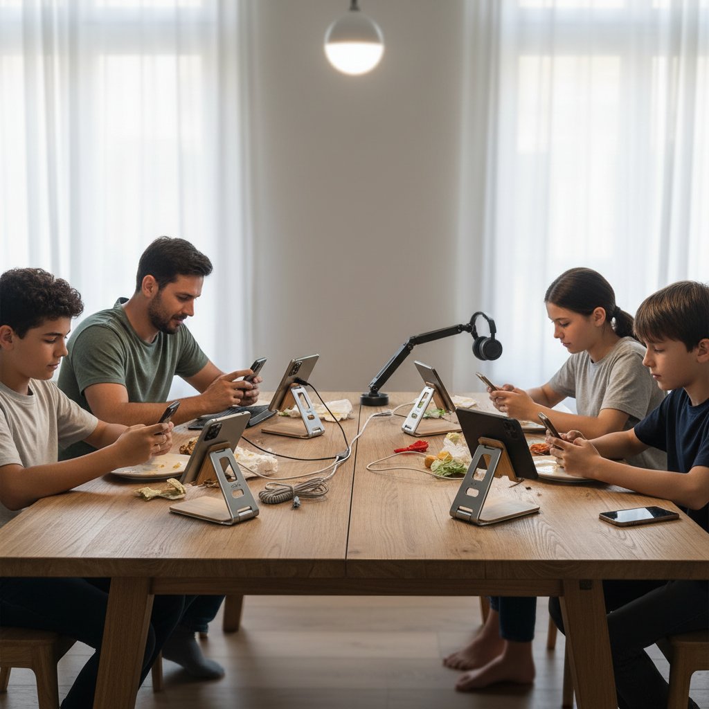 Rodzina siedząca razem przy stole, korzystająca z tabletów i smartfonów, symbolizująca wsparcie online w domu