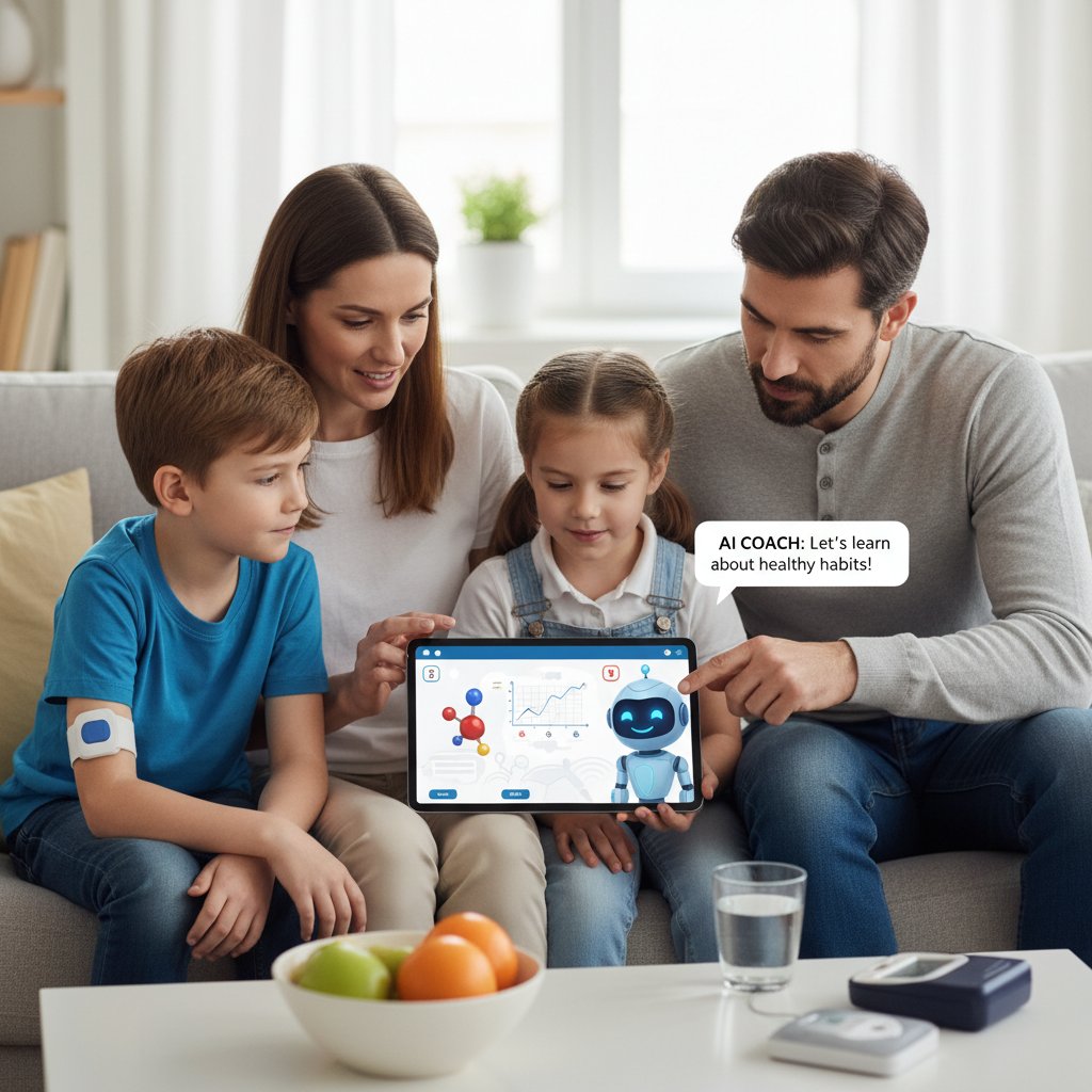 Rodzina korzystająca z tabletu, medyk.ai jako wsparcie w edukacji o cukrzycy typu 1