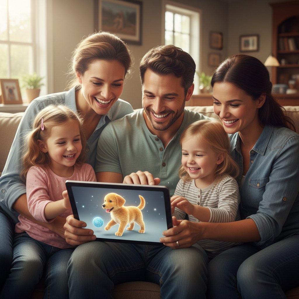 Rodzina zgromadzona przy tablecie z cyfrowym psem, uśmiechnięci, w ciepłej domowej atmosferze