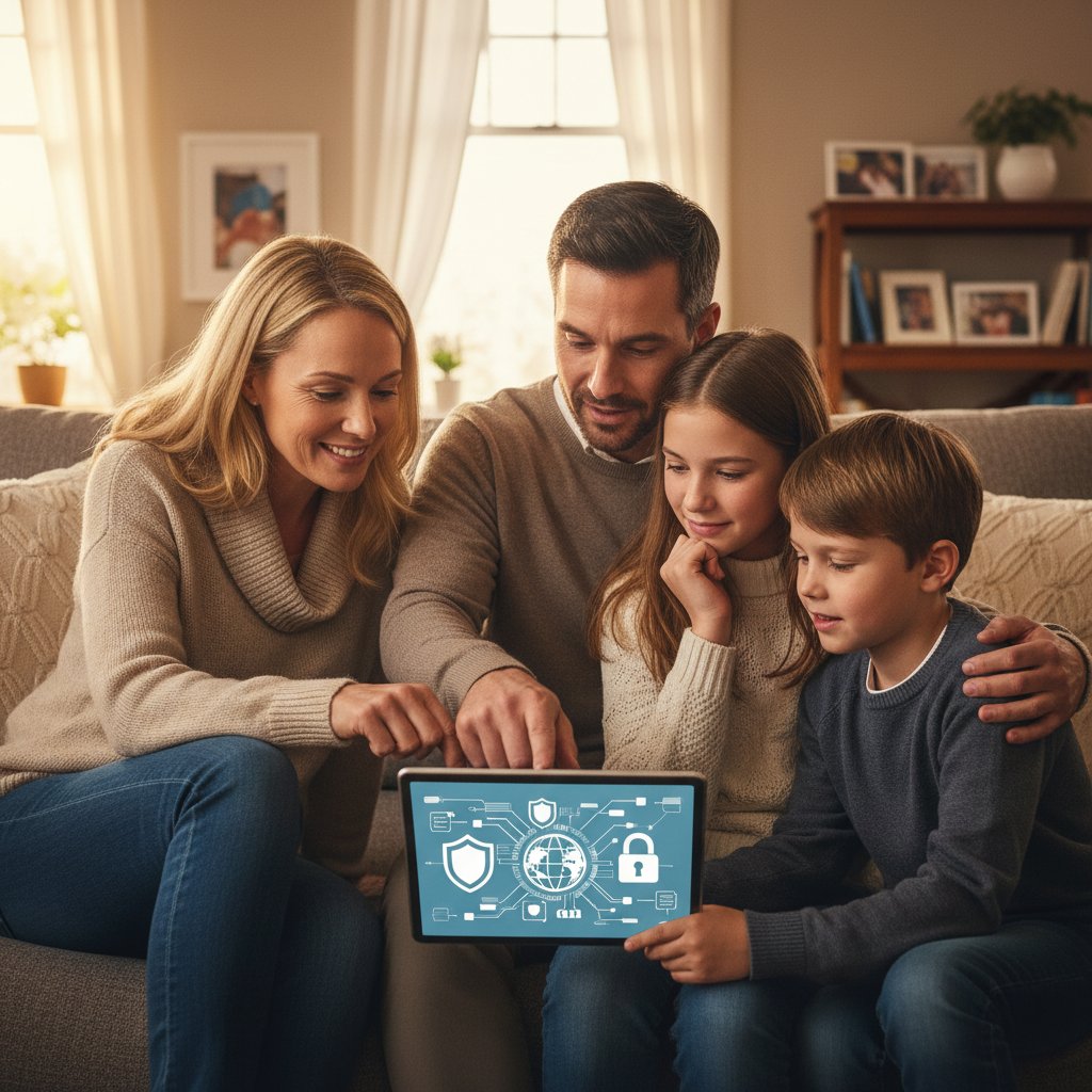 Rodzina przekazująca sobie tablet podczas wspólnego omawiania bezpieczeństwa cyfrowego