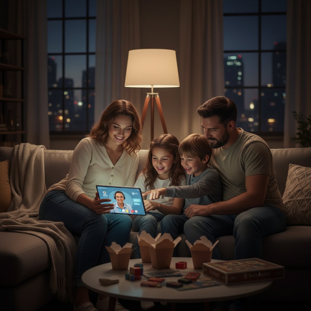 Rodzina korzysta z tabletu podczas wieczoru w domu, wspólne planowanie wsparcia rozwoju dziecka