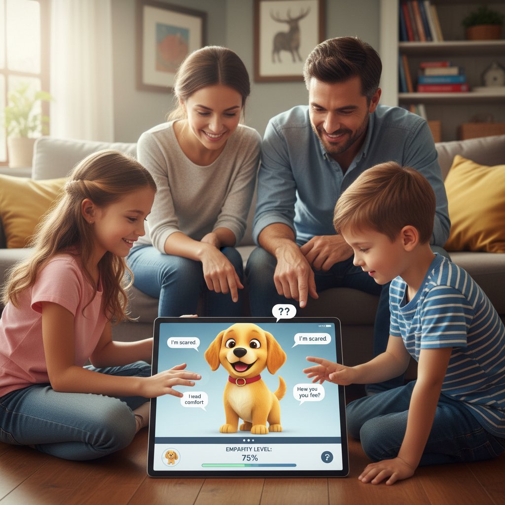 Nowoczesna rodzina korzystająca z aplikacji piesek.ai na tablecie do nauki empatii i odpowiedzialności