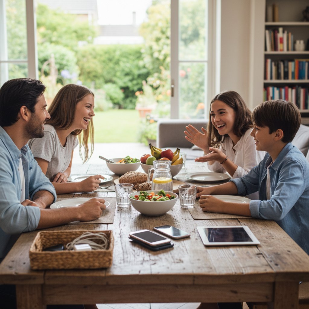 Rodzina rozmawiająca przy stole, smartfony na boku, zdrowy dystans do technologii