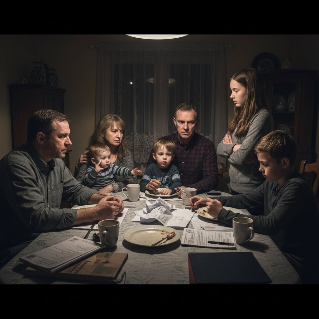 Rodzina w napiętej rozmowie – ilustracja zmieniających się ról