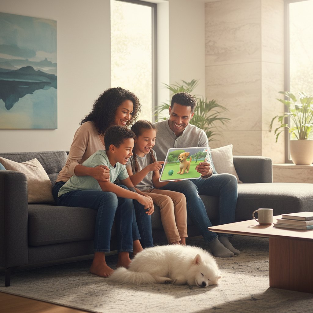 Rodzina korzystająca wspólnie z aplikacji symulatora psa na kanapie w nowoczesnym salonie