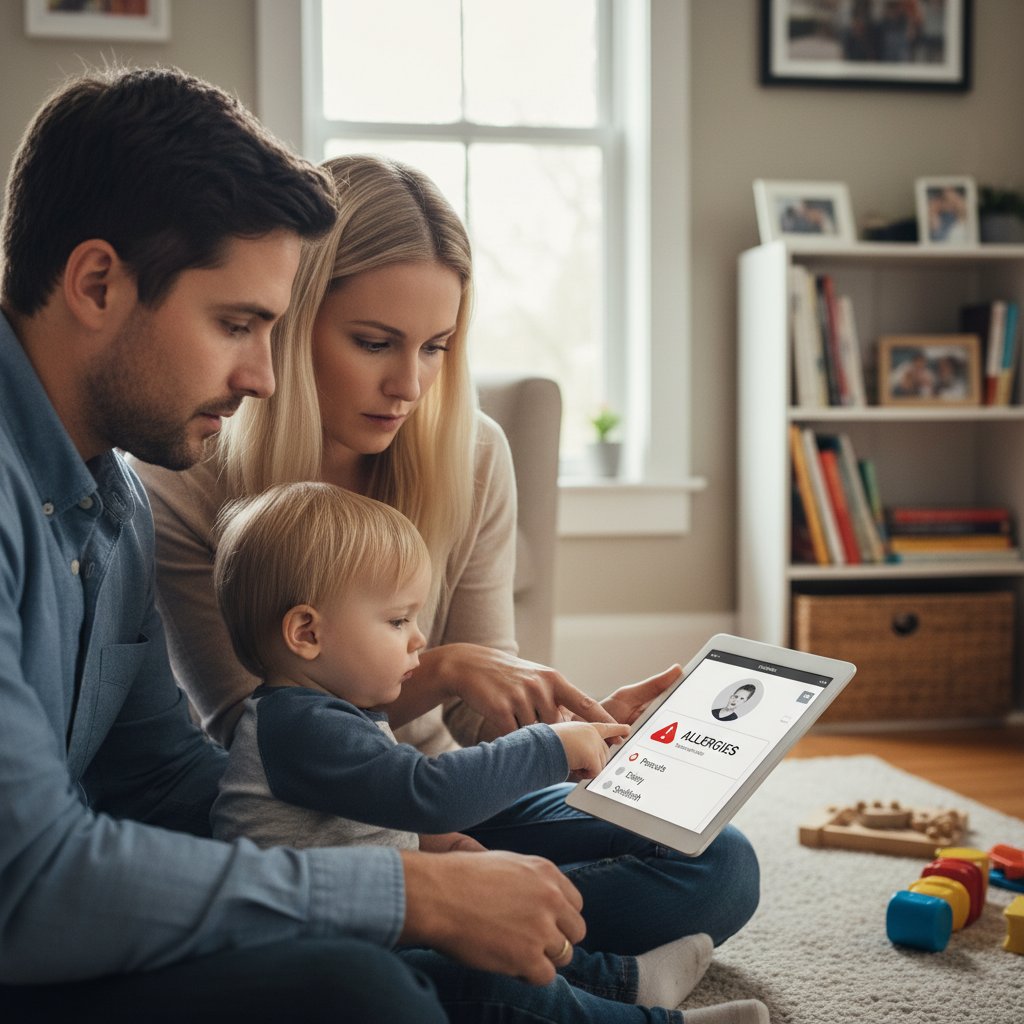 Rodzina konsultująca objawy dziecka przez aplikację zdrowotną na tablecie w domowym otoczeniu
