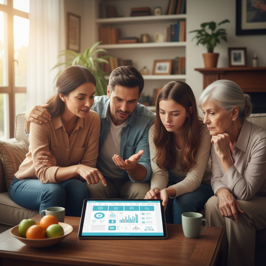 Rodzina wspólnie korzysta z portalu edukacji zdrowotnej na tablecie, rozmawiając o zdrowiu