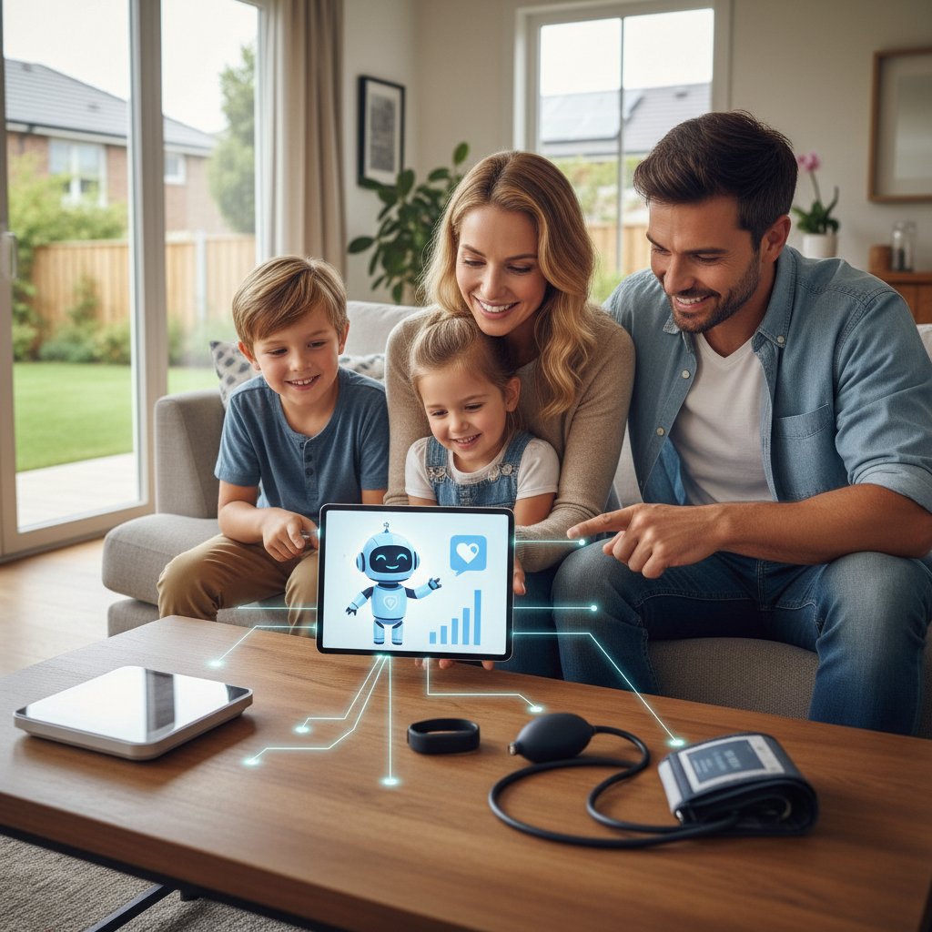 Rodzina korzystająca z wirtualnego asystenta zdrowotnego na tablecie w domowym otoczeniu