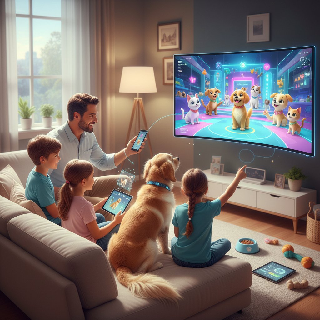 Rodzina ogląda wirtualny pokaz psów, pies na kanapie, współczesna cyfrowa opieka
