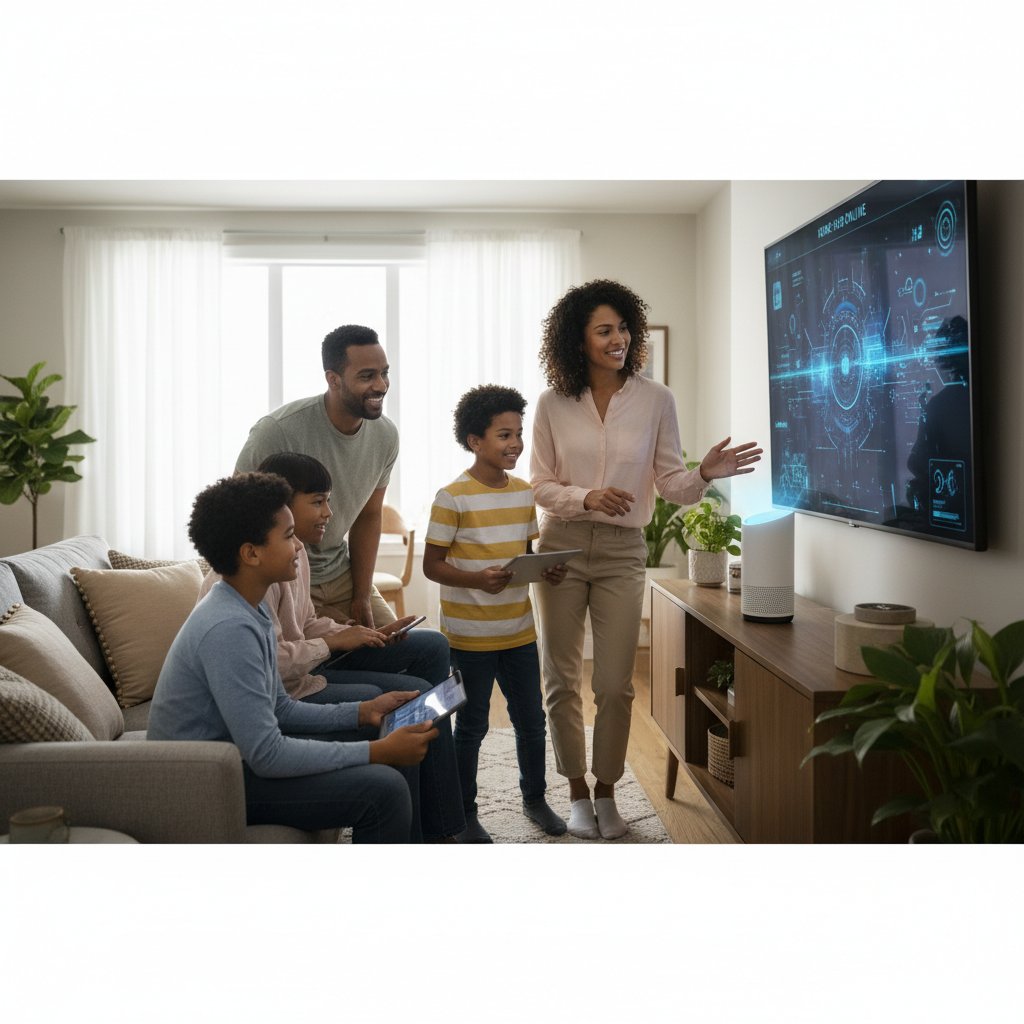 Rodzina korzysta z asystenta AI w domu