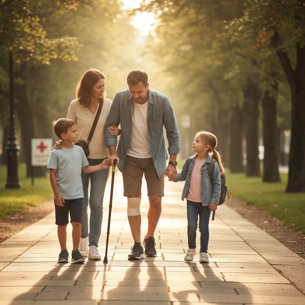 Rodzina podczas spaceru, różne pokolenia – wsparcie w bólu pięty