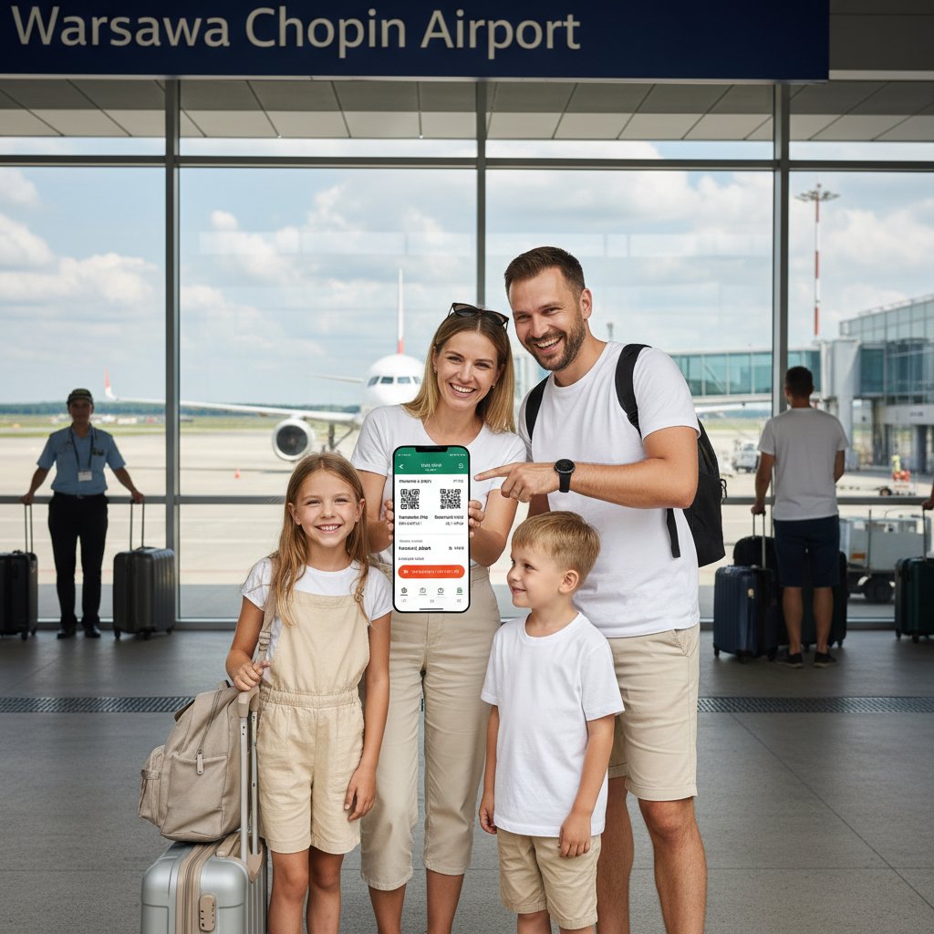 Rodzina na lotnisku w Warszawie podczas majówki, korzystająca z aplikacji do biletów lotniczych