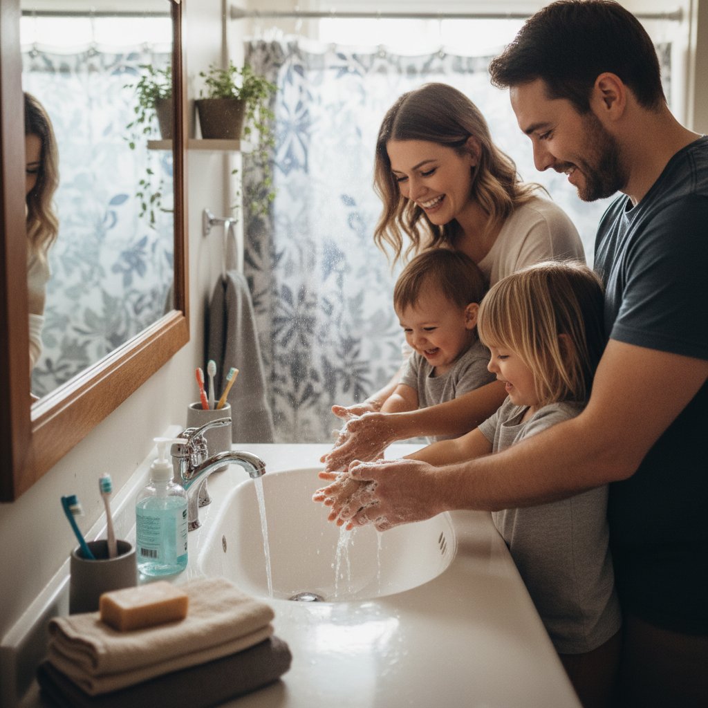 Zdjęcie rodziny myjącej wspólnie ręce przy umywalce, jasne światło, domowa atmosfera, słowa kluczowe: adenowirus, higiena, profilaktyka