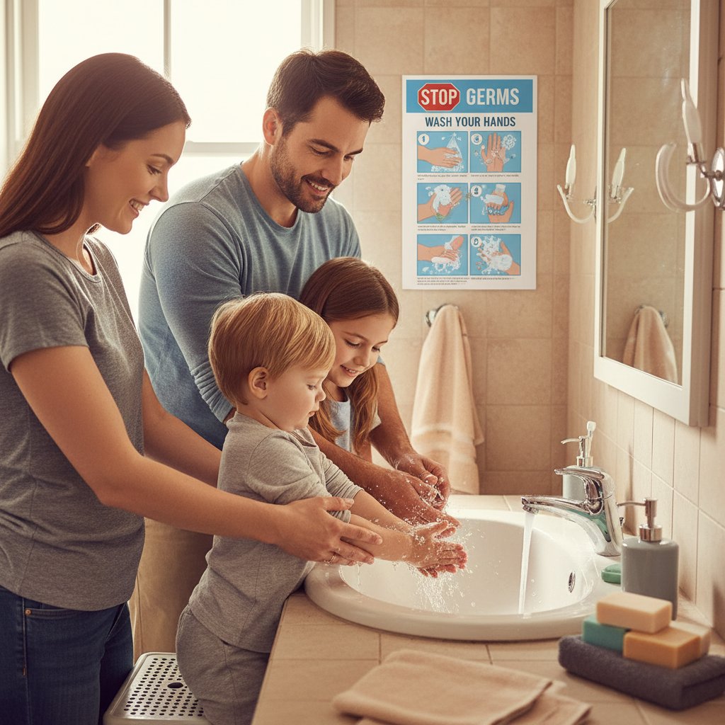 Rodzina myjąca razem ręce przy zlewie, uśmiechnięte twarze, bezpieczna domowa atmosfera