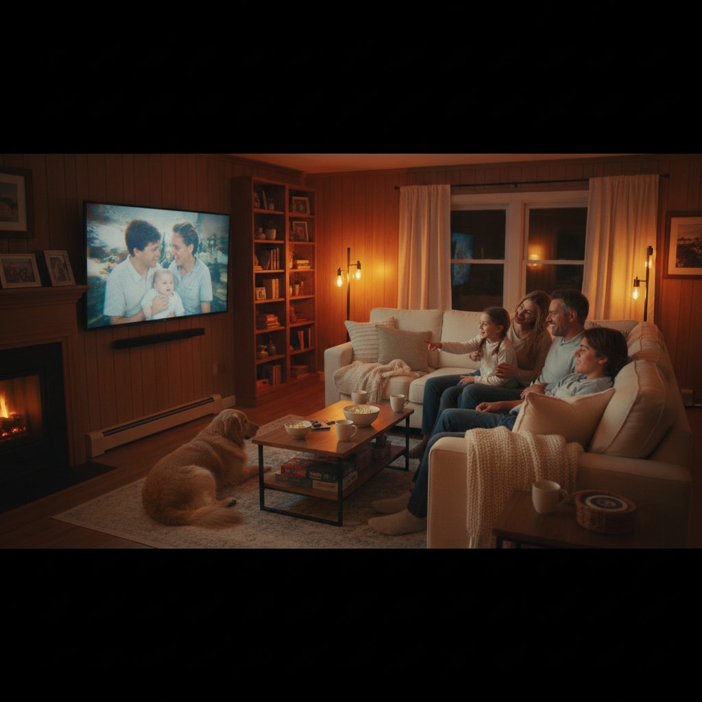 Family watching a home video on a TV in a warm living room, representing the emotional authenticity of recorded video messages