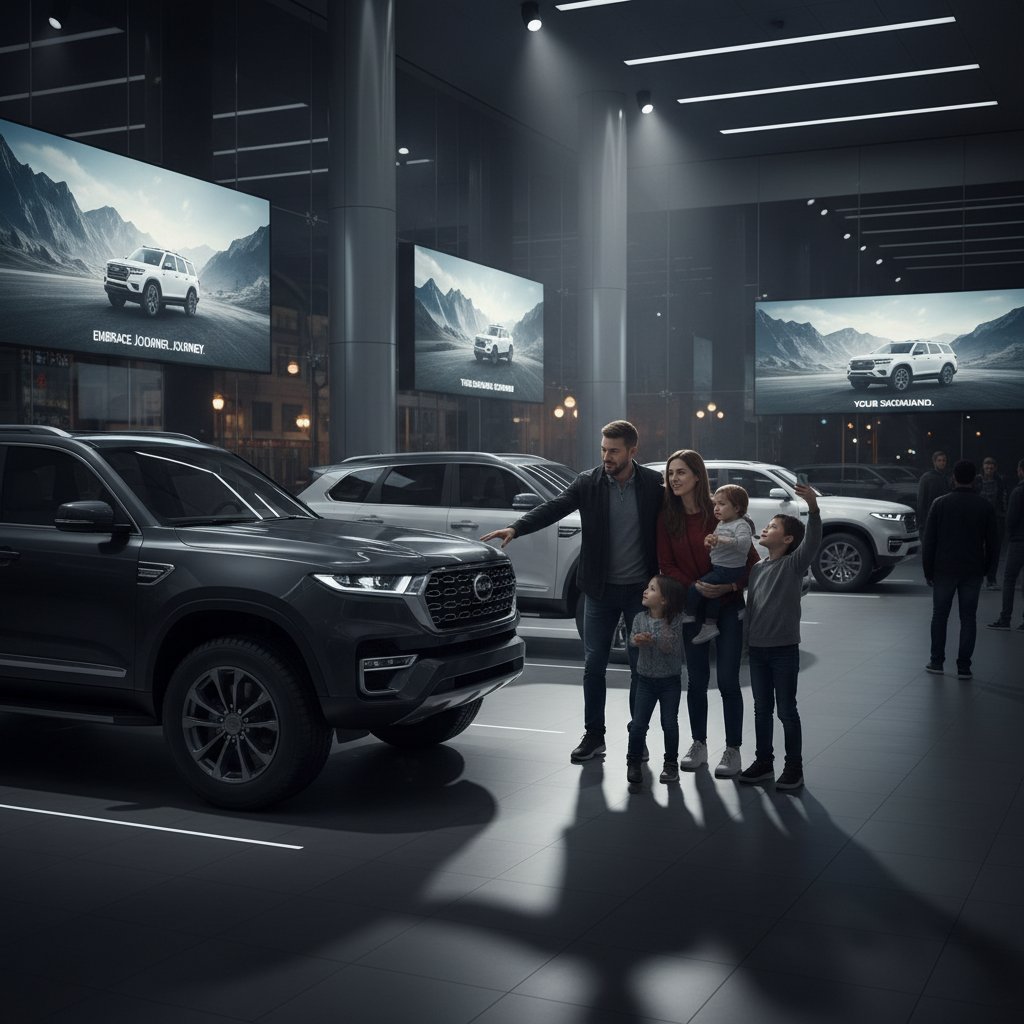 Shoppers examining SUVs in a dealership, highlighting cultural fascination