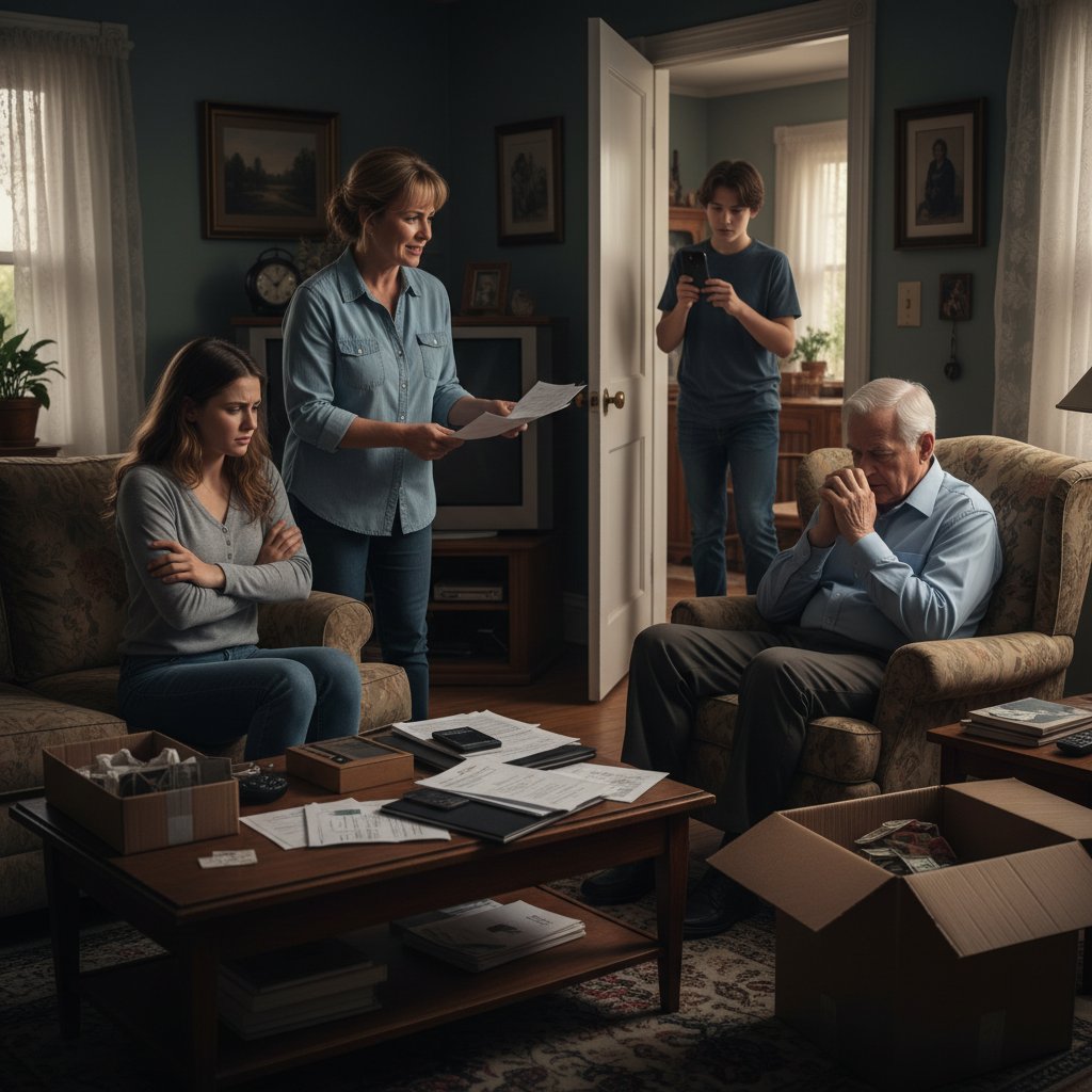 Rodzina siedząca przy stole, atmosfera napięcia, wyraziste spojrzenia i gesty, symbol manipulacji w domu