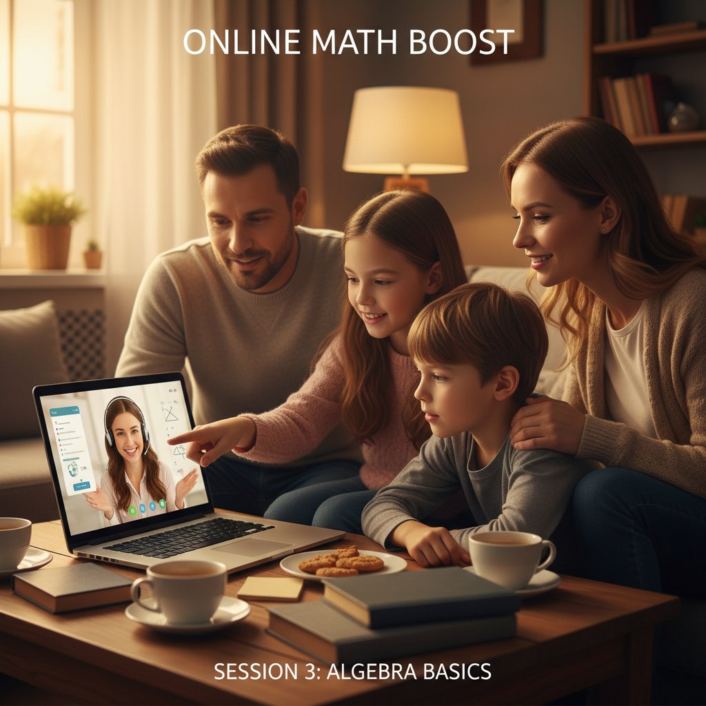 Rodzina wspólnie korzystająca z korepetycji online, wieczorne światło, edukacja zdalna